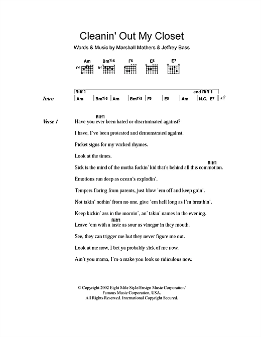 Eminem Cleanin' Out My Closet Sheet Music Notes & Chords for Lyrics & Chords - Download or Print PDF
