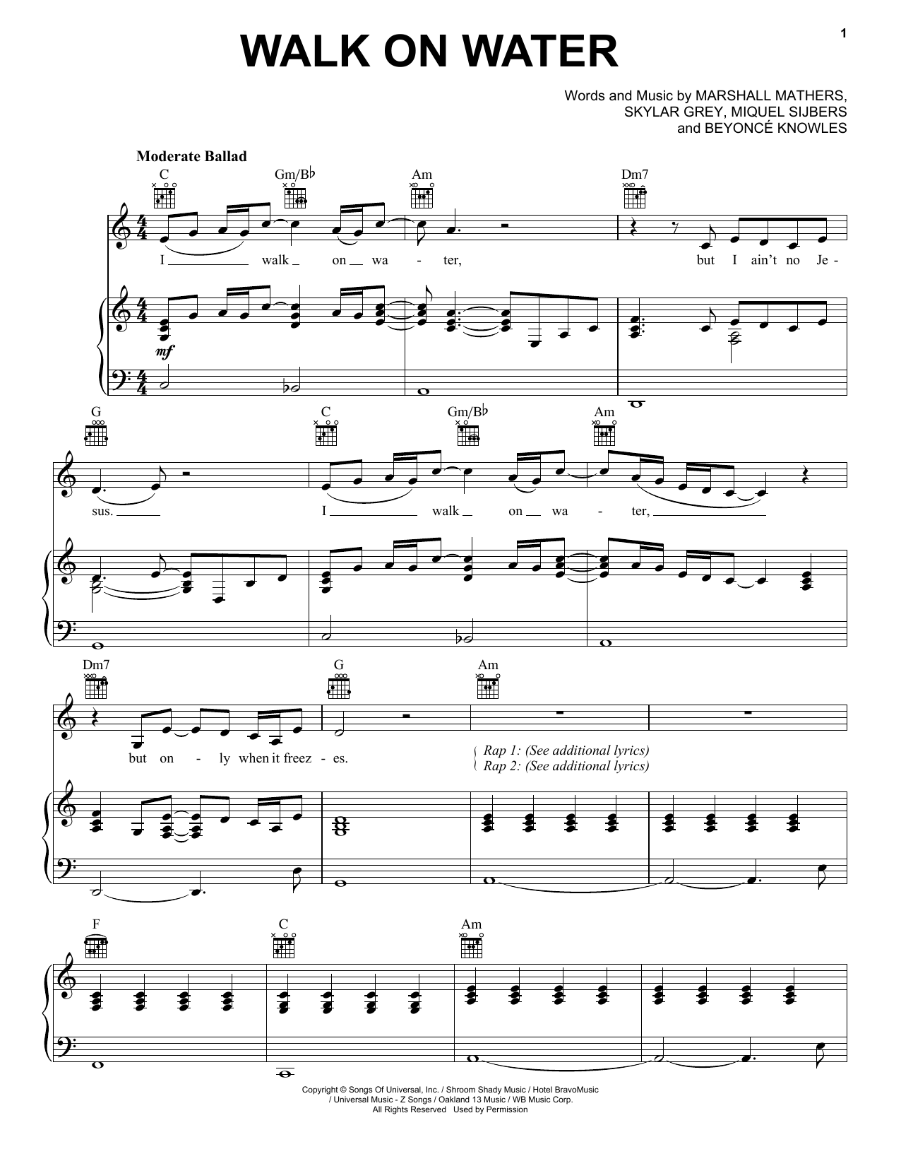 Eminem feat. Beyonce Walk On Water Sheet Music Notes & Chords for Piano, Vocal & Guitar (Right-Hand Melody) - Download or Print PDF