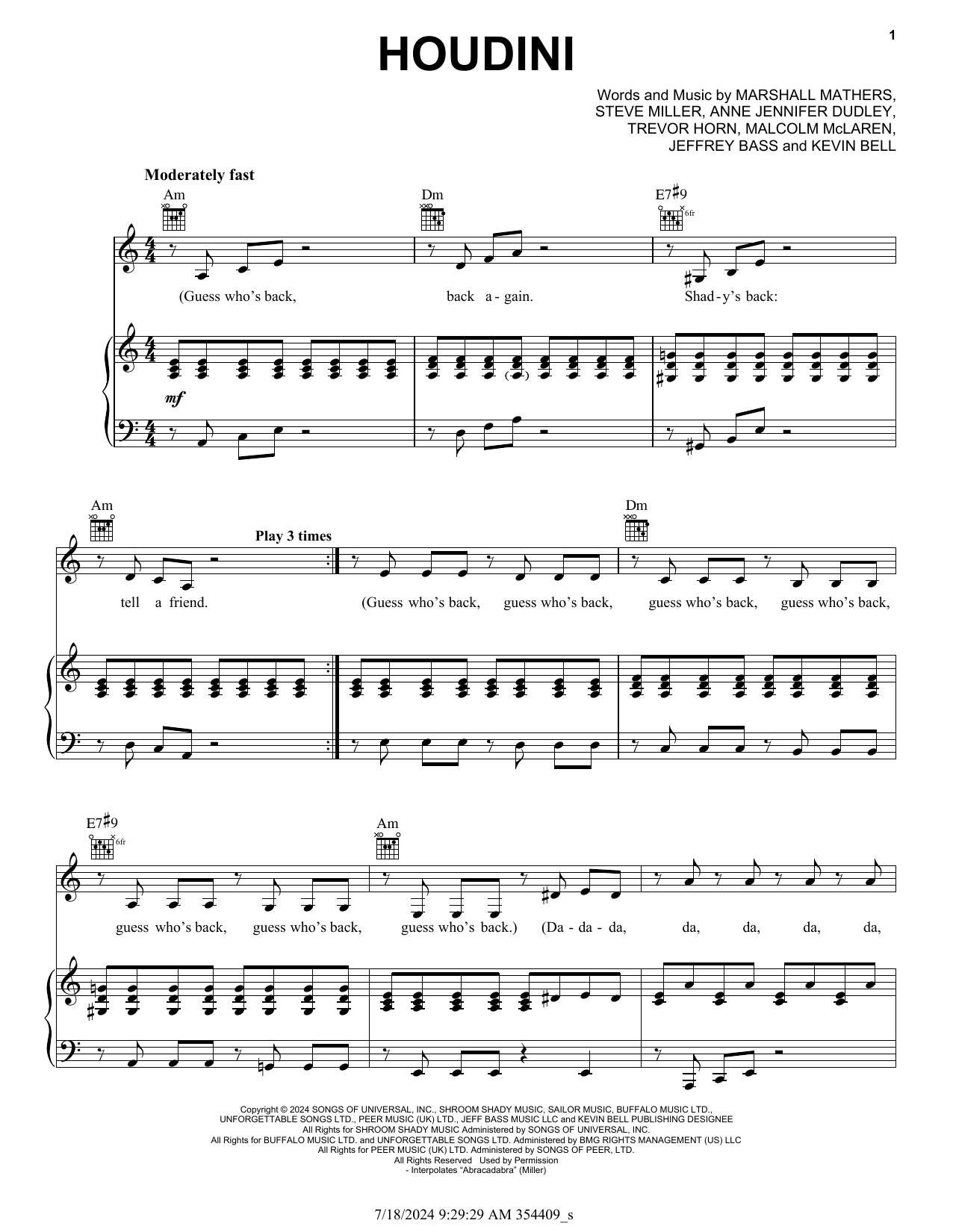 Eminem Houdini Sheet Music Notes & Chords for Piano, Vocal & Guitar Chords (Right-Hand Melody) - Download or Print PDF