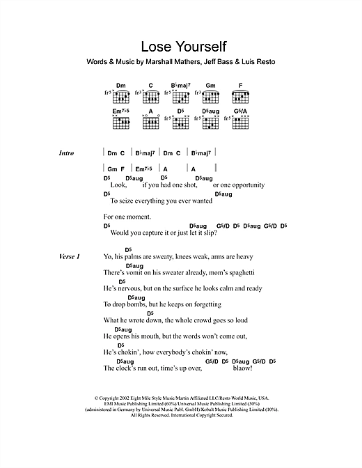 Eminem Lose Yourself Sheet Music Notes & Chords for Lyrics & Chords - Download or Print PDF