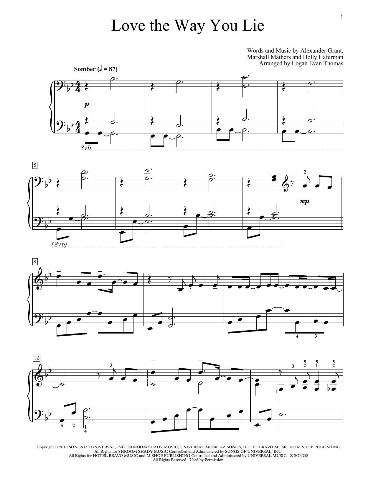 Eminem Love The Way You Lie (feat. Rihanna) (arr. Logan Evan Thomas) Sheet Music Notes & Chords for Educational Piano - Download or Print PDF