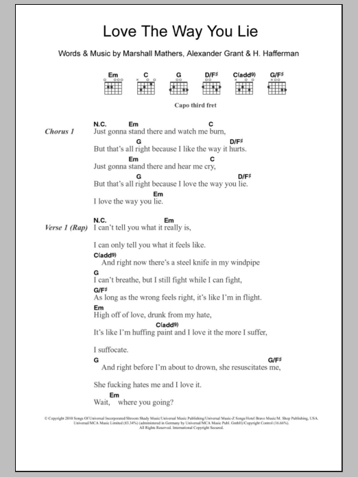 Eminem Love The Way You Lie (feat. Rihanna) Sheet Music Notes & Chords for Lyrics & Chords - Download or Print PDF