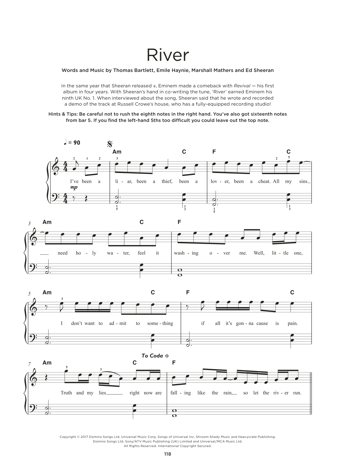 Eminem River (feat. Ed Sheeran) Sheet Music Notes & Chords for Really Easy Piano - Download or Print PDF