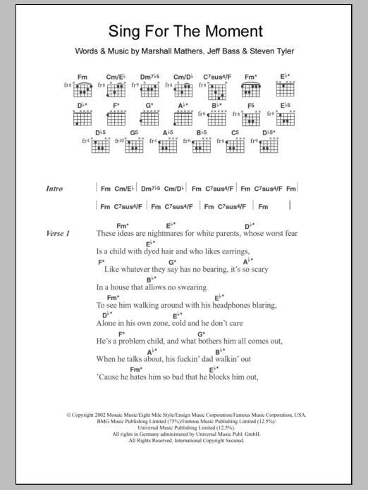 Eminem Sing For The Moment Sheet Music Notes & Chords for Lyrics & Chords - Download or Print PDF