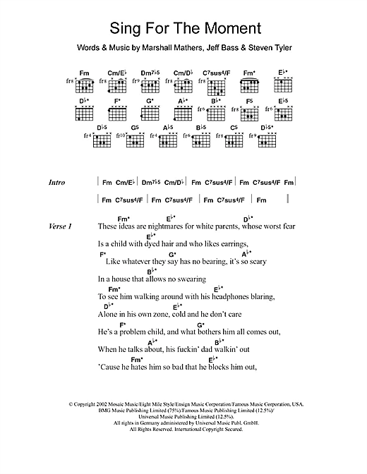 Eminem Sing For The Moment Sheet Music Notes & Chords for Lyrics & Chords - Download or Print PDF