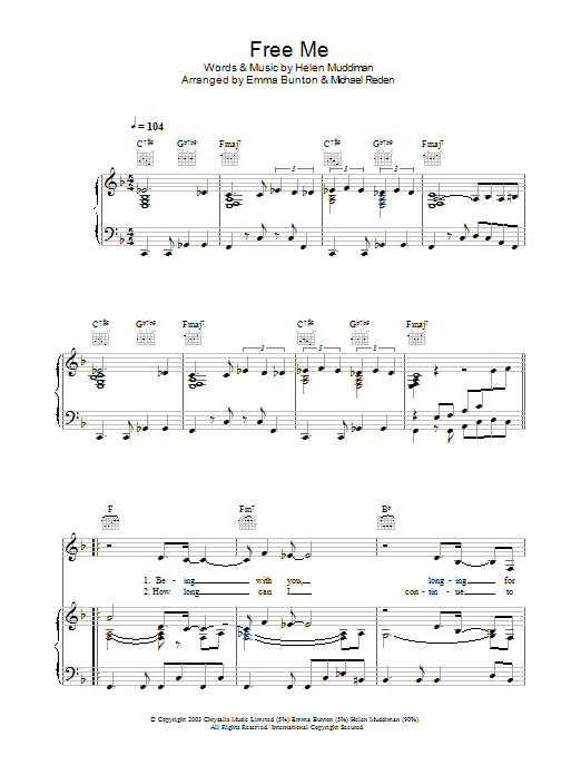 Emma Bunton Free Me Sheet Music Notes & Chords for Piano, Vocal & Guitar (Right-Hand Melody) - Download or Print PDF