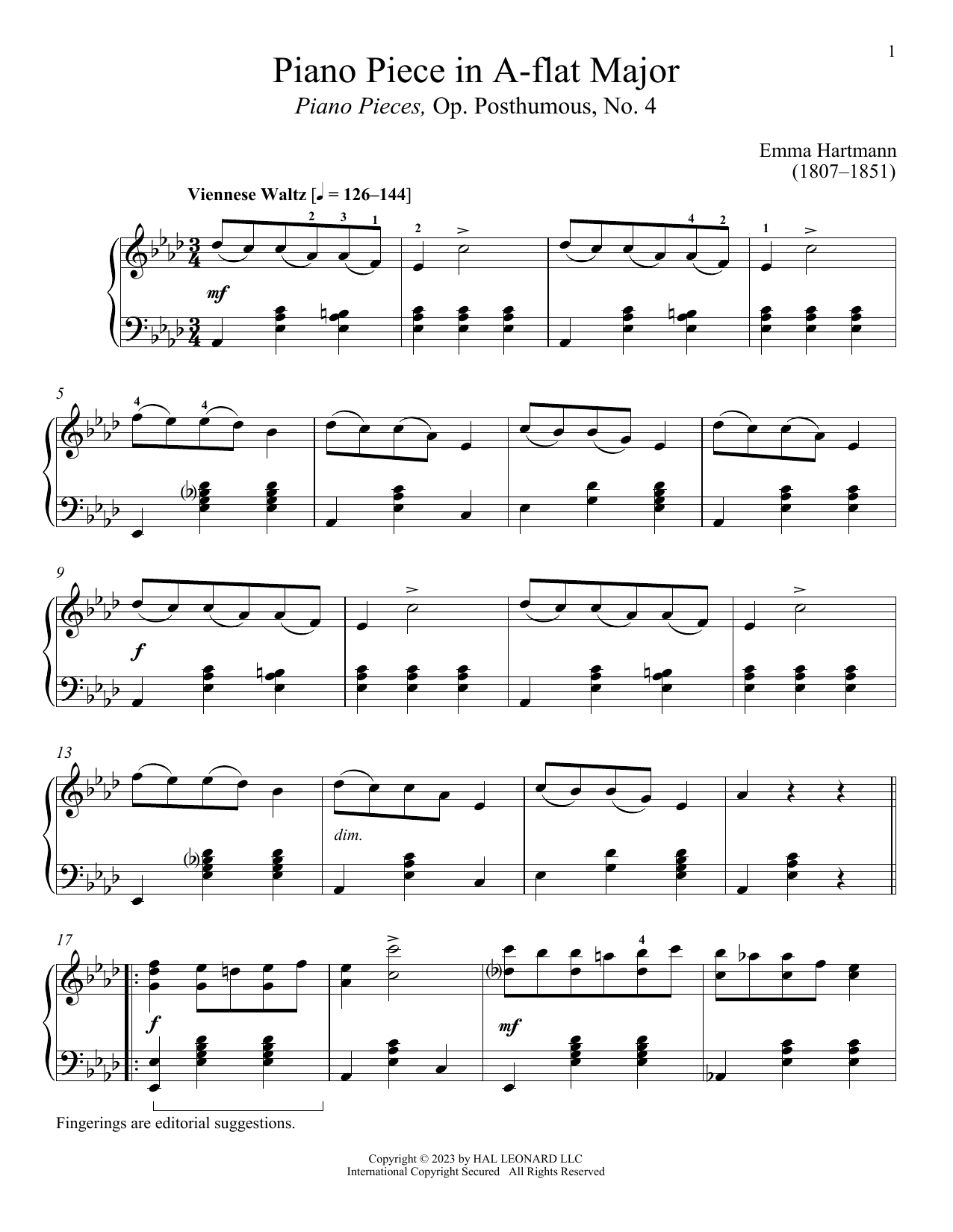 Emma Hartmann Piano Piece in A-flat Major Sheet Music Notes & Chords for Piano Solo - Download or Print PDF