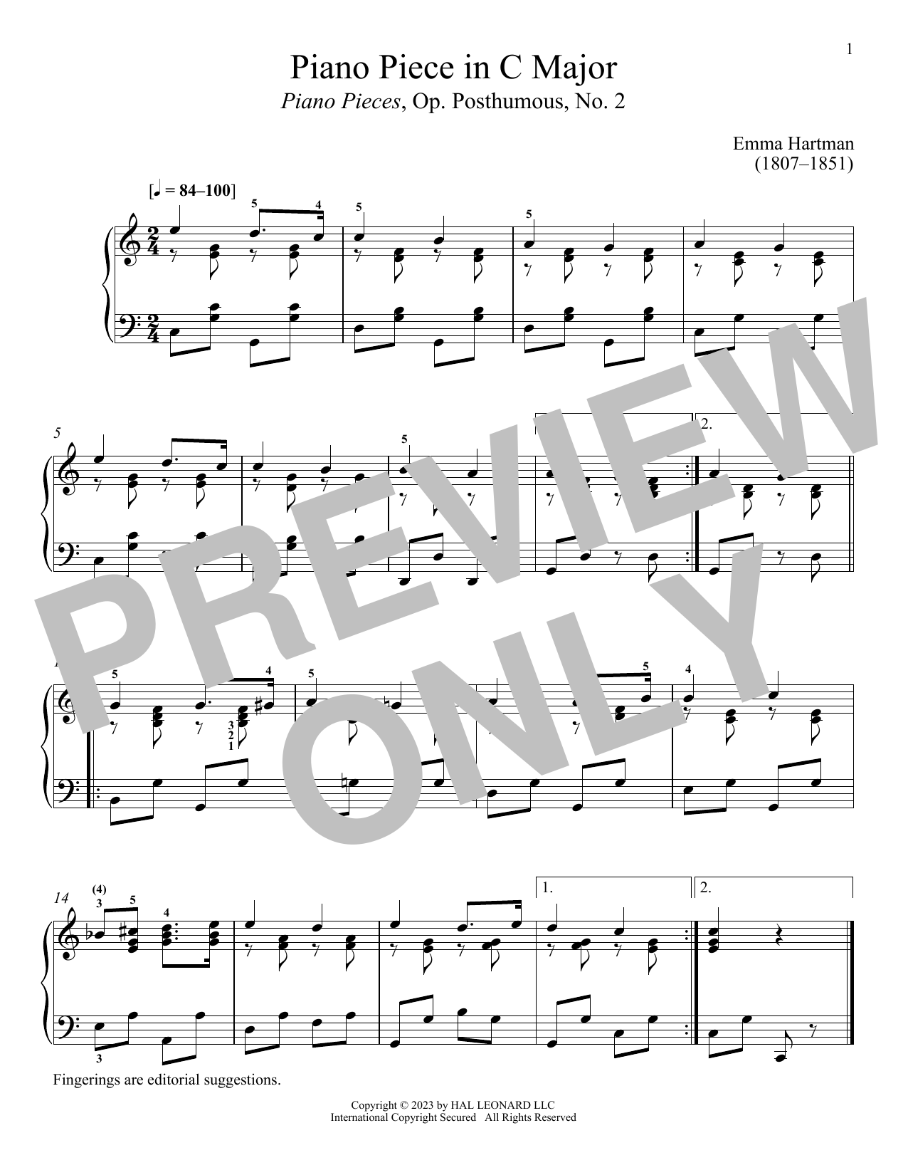 Emma Hartmann Piano Piece in C Major Sheet Music Notes & Chords for Piano Solo - Download or Print PDF