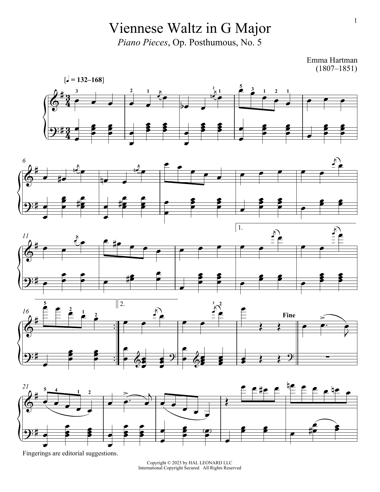 Emma Hartmann Viennese Waltz in G Major Sheet Music Notes & Chords for Piano Solo - Download or Print PDF