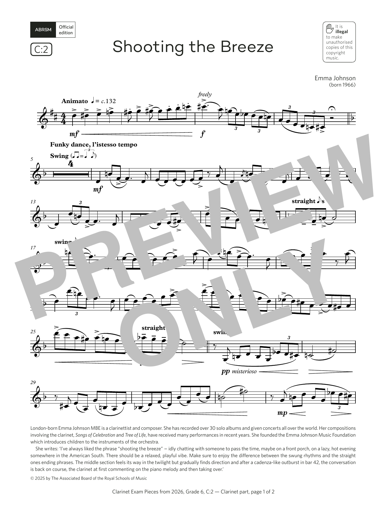Emma Johnson Shooting the Breeze (Grade 6, list C2, from the ABRSM Clarinet Syllabus from 2026) Sheet Music Notes & Chords for Clarinet Solo - Download or Print PDF Emma Johnson Shooting the Breeze (Grade 6, list C2, from the ABRSM Clarinet Syllabus from 2026) Sheet Music Notes & Chords for Clarinet Solo - Download or Print PDF