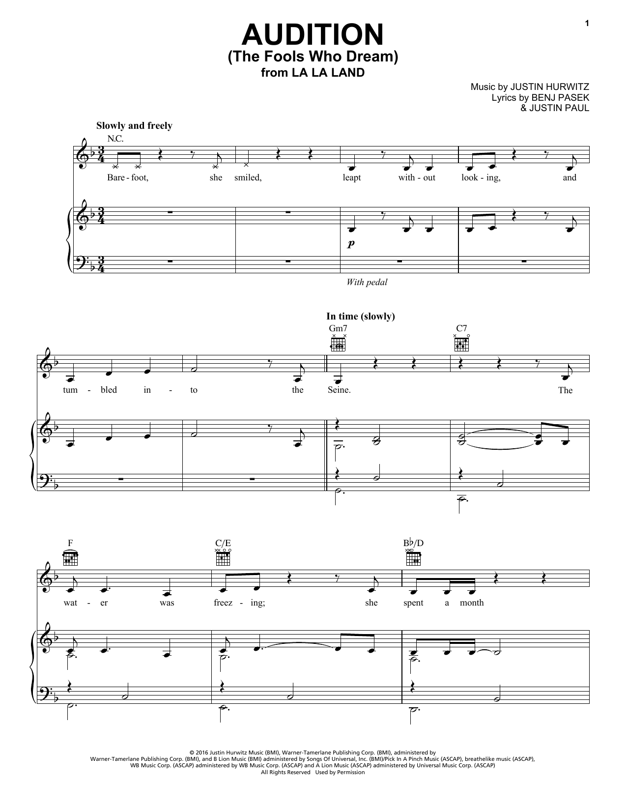 Emma Stone Audition (The Fools Who Dream) (from La La Land) Sheet Music Notes & Chords for Piano, Vocal & Guitar (Right-Hand Melody) - Download or Print PDF