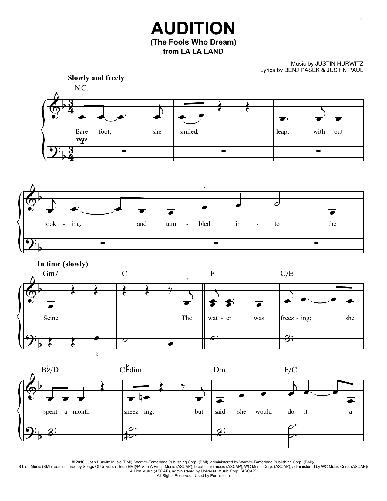 Emma Stone Audition (The Fools Who Dream) Sheet Music Notes & Chords for Piano & Vocal - Download or Print PDF