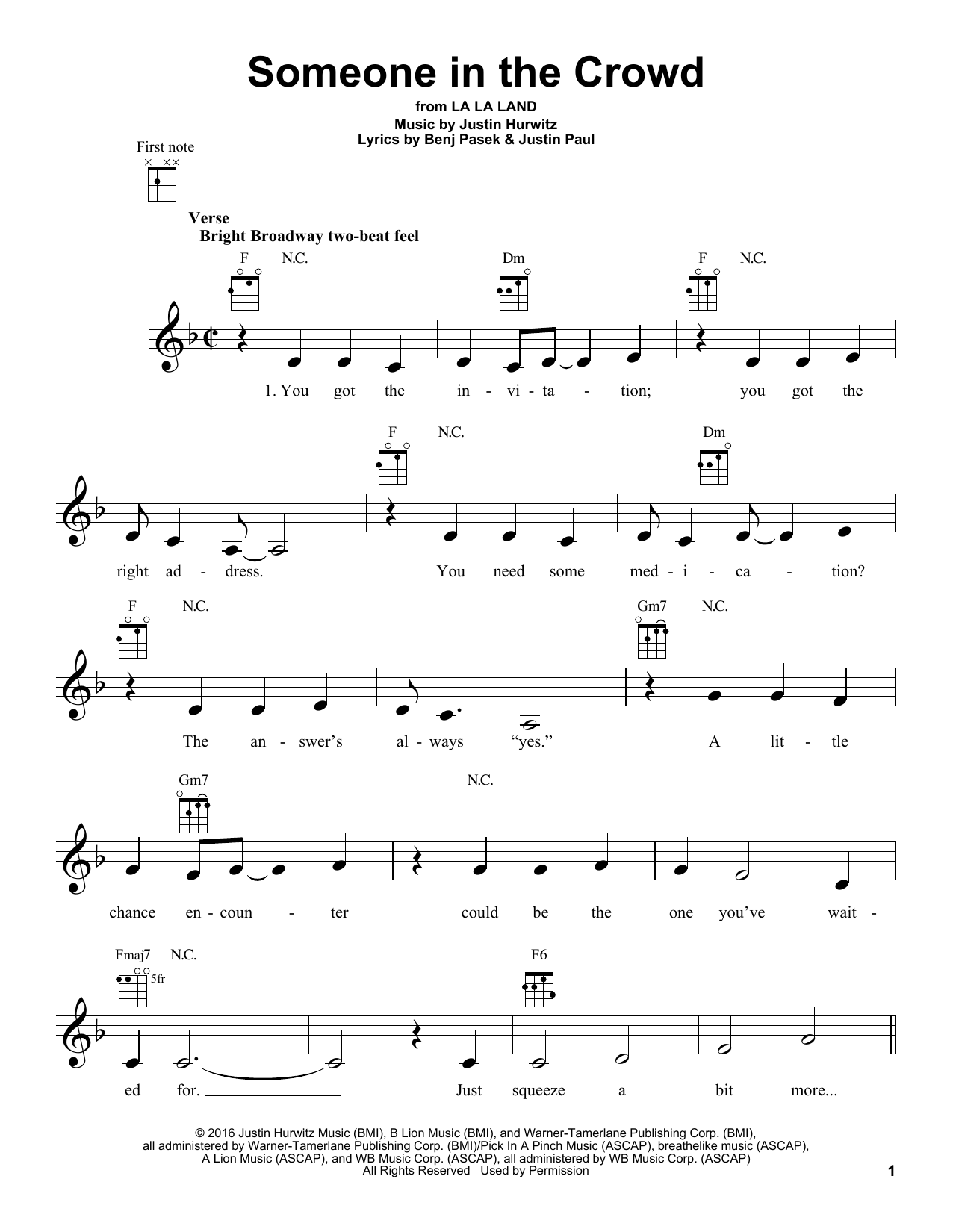 Emma Stone Someone In The Crowd (from La La Land) Sheet Music Notes & Chords for Ukulele - Download or Print PDF