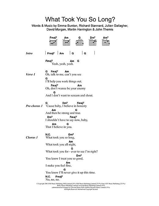 Preview Emma Bunton What Took You So Long? Pop sheet music, notes and chords for Piano, Vocal & Guitar (Right-Hand Melody), SKU: 18452 What Took You So Long? sheet music