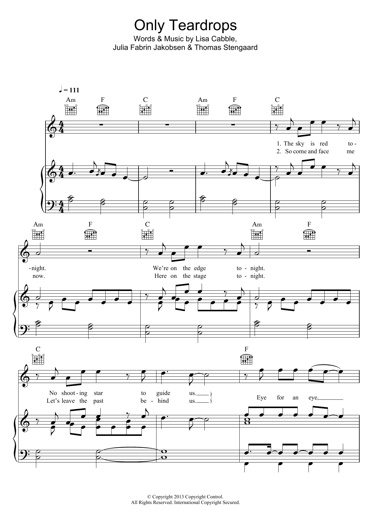 Emmelie de Forest Only Teardrops Sheet Music Notes & Chords for Piano, Vocal & Guitar (Right-Hand Melody) - Download or Print PDF