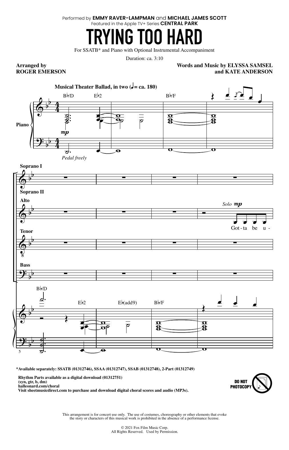 Emmy Raver-Lampman and Michael James Scott Trying Too Hard (from Central Park) (arr. Roger Emerson) Sheet Music Notes & Chords for SSAB Choir - Download or Print PDF
