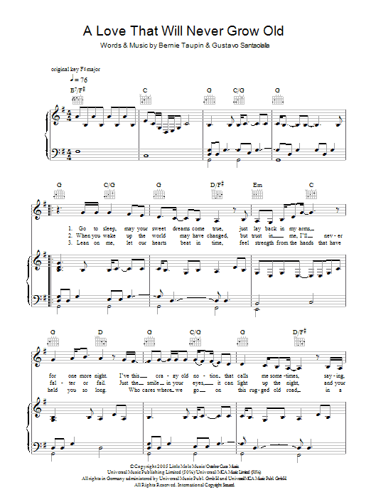Emmylou Harris A Love That Will Never Grow Old Sheet Music Notes & Chords for Piano, Vocal & Guitar (Right-Hand Melody) - Download or Print PDF