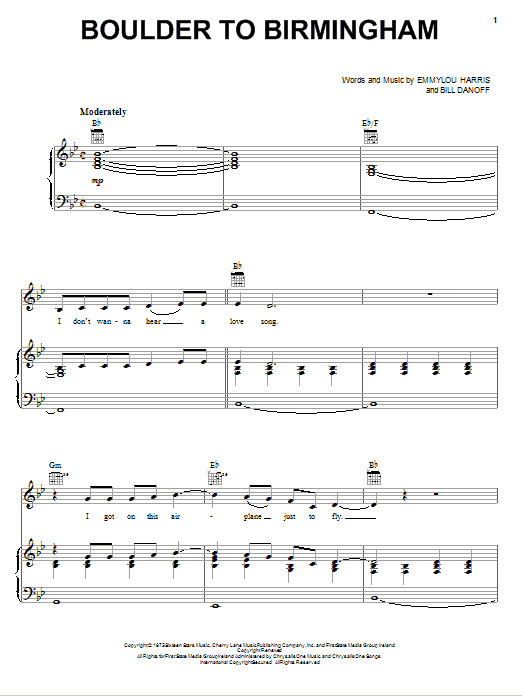 Emmylou Harris Boulder To Birmingham Sheet Music Notes & Chords for Piano, Vocal & Guitar (Right-Hand Melody) - Download or Print PDF