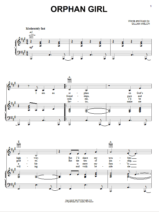 Emmylou Harris Orphan Girl Sheet Music Notes & Chords for Piano, Vocal & Guitar (Right-Hand Melody) - Download or Print PDF