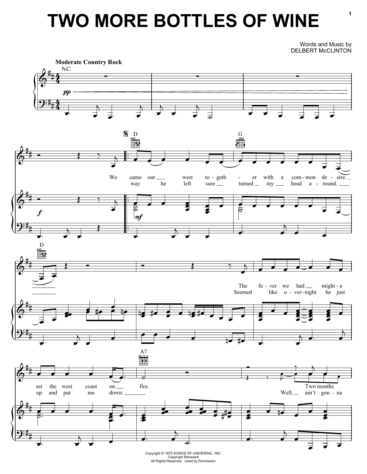 Emmylou Harris Two More Bottles Of Wine Sheet Music Notes & Chords for Piano, Vocal & Guitar (Right-Hand Melody) - Download or Print PDF
