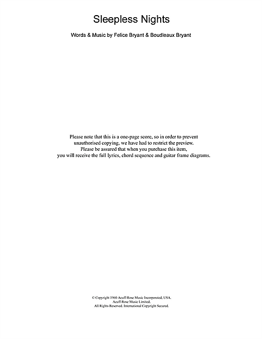 Emmylou Harris Sleepless Nights Sheet Music Notes & Chords for Lyrics & Chords - Download or Print PDF