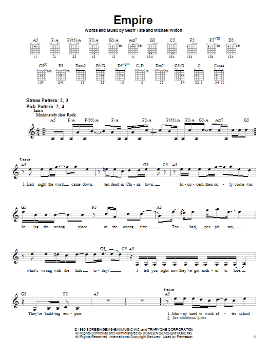 Preview Queensryche Empire Rock sheet music, notes and chords for Guitar Tab, SKU: 177470 sheet music, piano notes, chords, guitar tabs, score, transpose, transcribe, how to play, guide, download, learn, tutorial, progression, song, artist, awards, billboard, mtv, vh1, tour, single, album, release