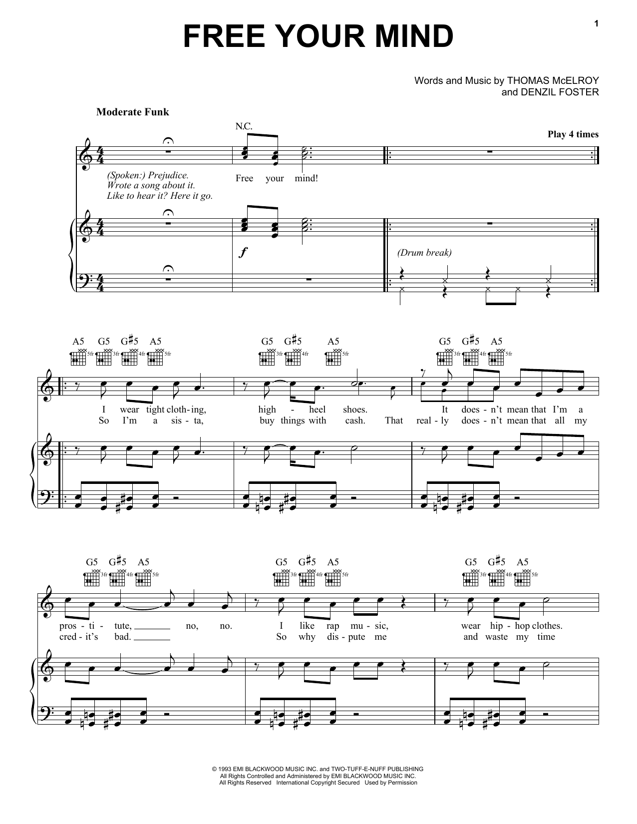 En Vogue Free Your Mind Sheet Music Notes & Chords for Piano, Vocal & Guitar (Right-Hand Melody) - Download or Print PDF