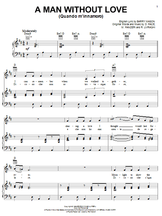 Engelbert Humperdinck A Man Without Love (Quando M'Innamoro) Sheet Music Notes & Chords for Piano, Vocal & Guitar (Right-Hand Melody) - Download or Print PDF