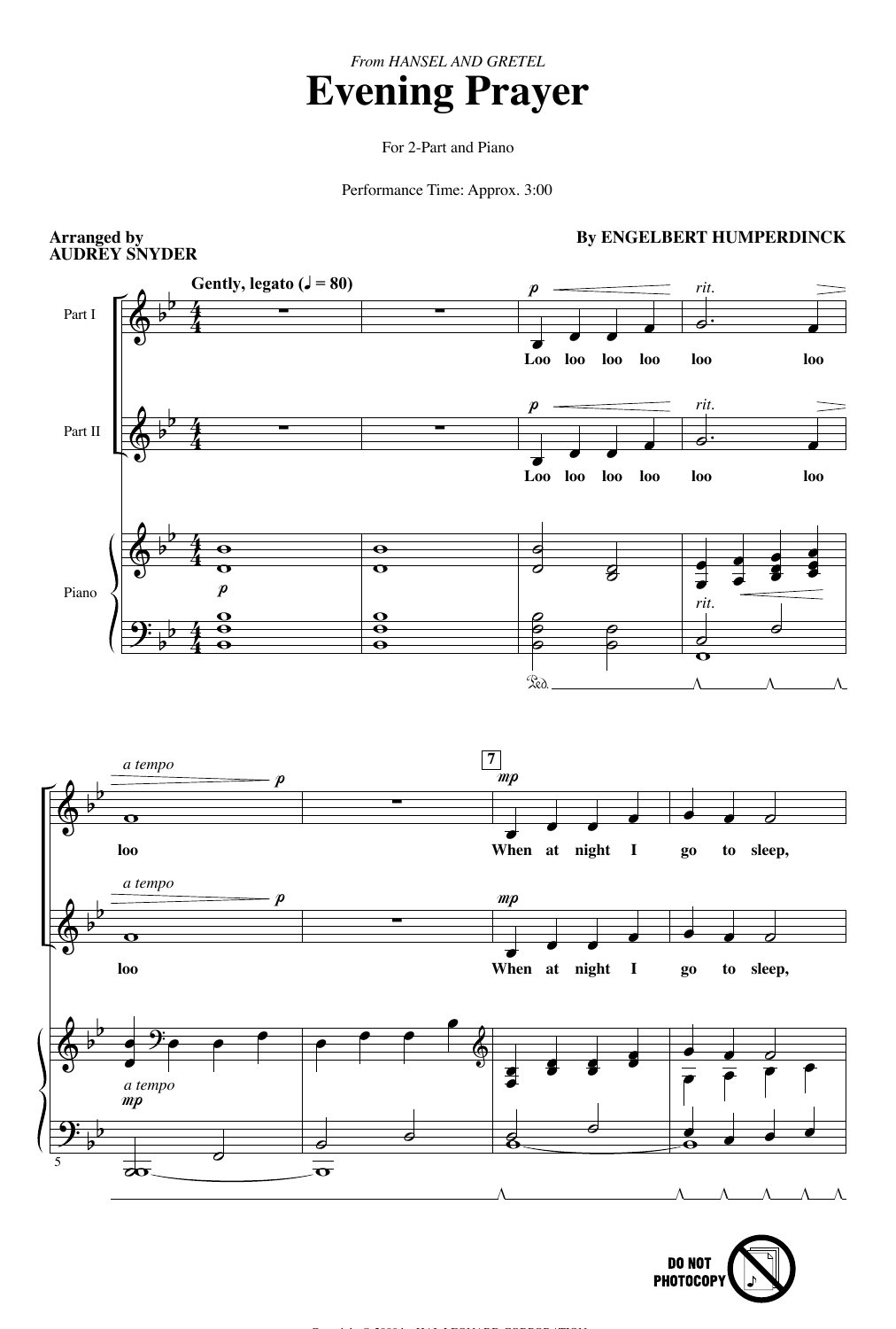 Engelbert Humperdinck Evening Prayer (from Hansel And Gretel) (arr. Audrey Snyder) Sheet Music Notes & Chords for 2-Part Choir - Download or Print PDF