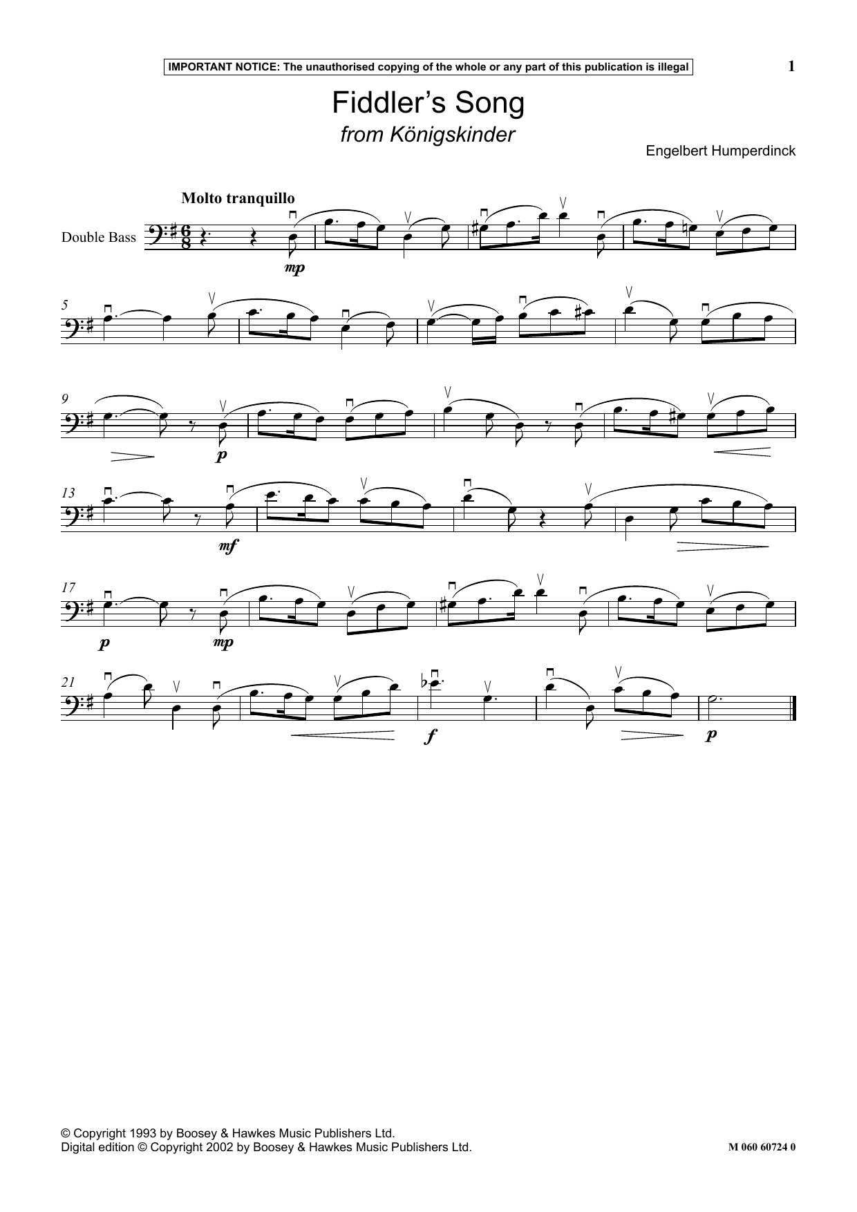 Engelbert Humperdinck Fiddler's Song (from Konigskinder) Sheet Music Notes & Chords for Instrumental Solo - Download or Print PDF