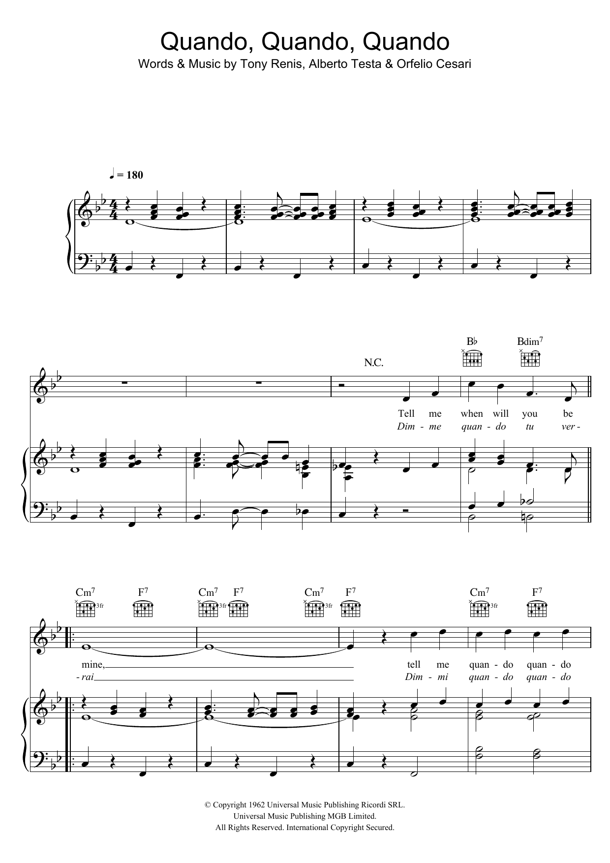 Engelbert Humperdinck Quando, Quando, Quando Sheet Music Notes & Chords for Piano, Vocal & Guitar (Right-Hand Melody) - Download or Print PDF
