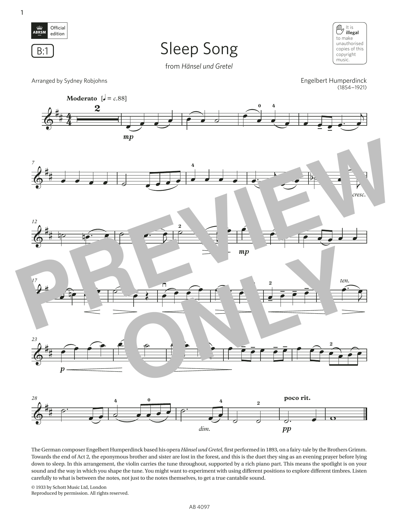 Engelbert Humperdinck Sleep Song (Grade 3, B1, from the ABRSM Violin Syllabus from 2024) Sheet Music Notes & Chords for Violin Solo - Download or Print PDF