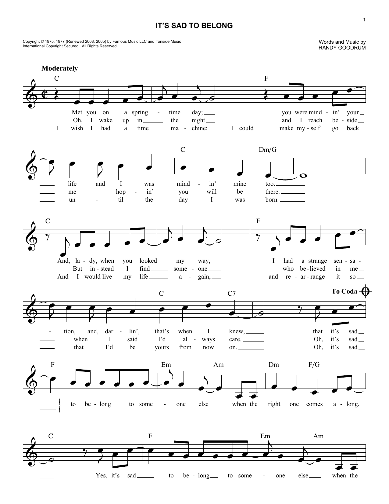 England Dan & John Ford Coley It's Sad To Belong Sheet Music Notes & Chords for Melody Line, Lyrics & Chords - Download or Print PDF