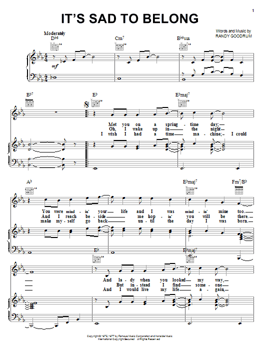 England Dan It's Sad To Belong Sheet Music Notes & Chords for Piano, Vocal & Guitar (Right-Hand Melody) - Download or Print PDF