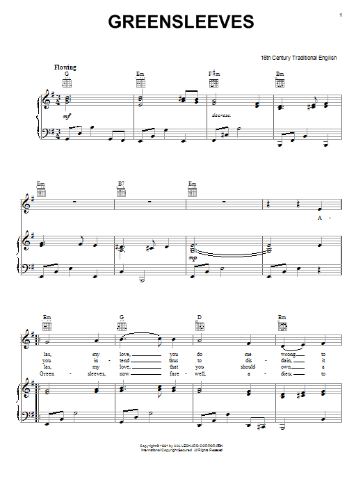 Traditional English Folksong Greensleeves Sheet Music Notes & Chords for Piano, Vocal & Guitar (Right-Hand Melody) - Download or Print PDF