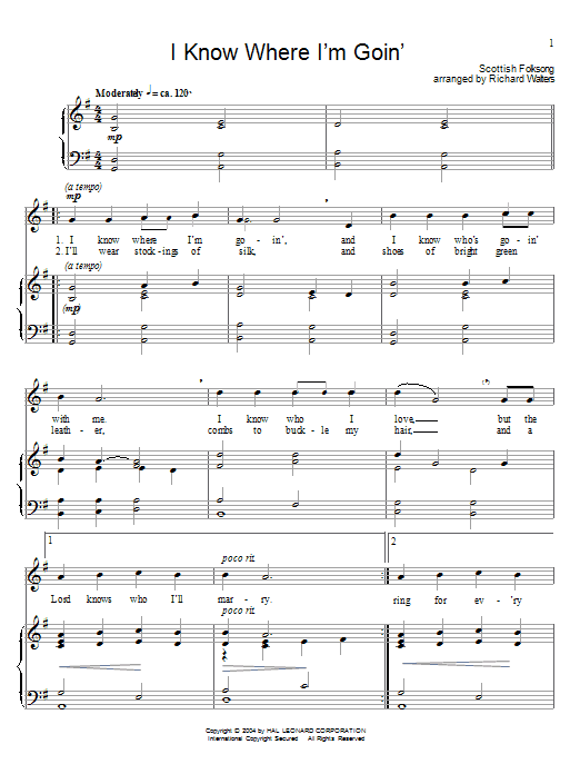 English Folk Song I Know Where I'm Goin' Sheet Music Notes & Chords for Piano, Vocal & Guitar (Right-Hand Melody) - Download or Print PDF