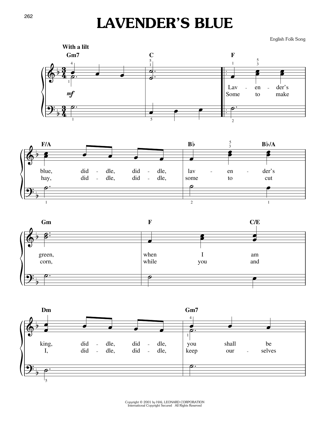 English Folk Song Lavender's Blue Sheet Music Notes & Chords for Easy Piano - Download or Print PDF