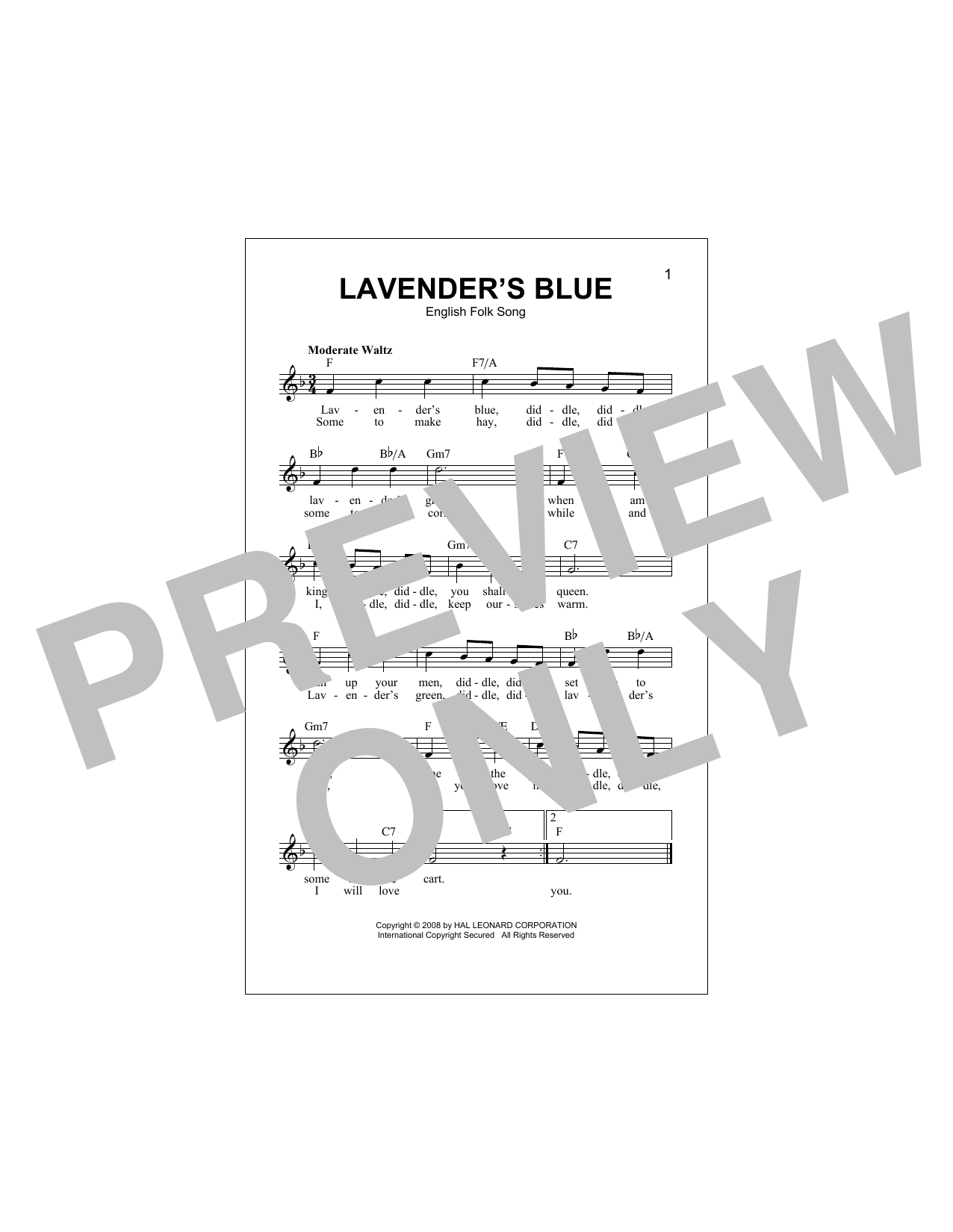 English Folk Song Lavender's Blue Sheet Music Notes & Chords for Piano, Vocal & Guitar Chords (Right-Hand Melody) - Download or Print PDF