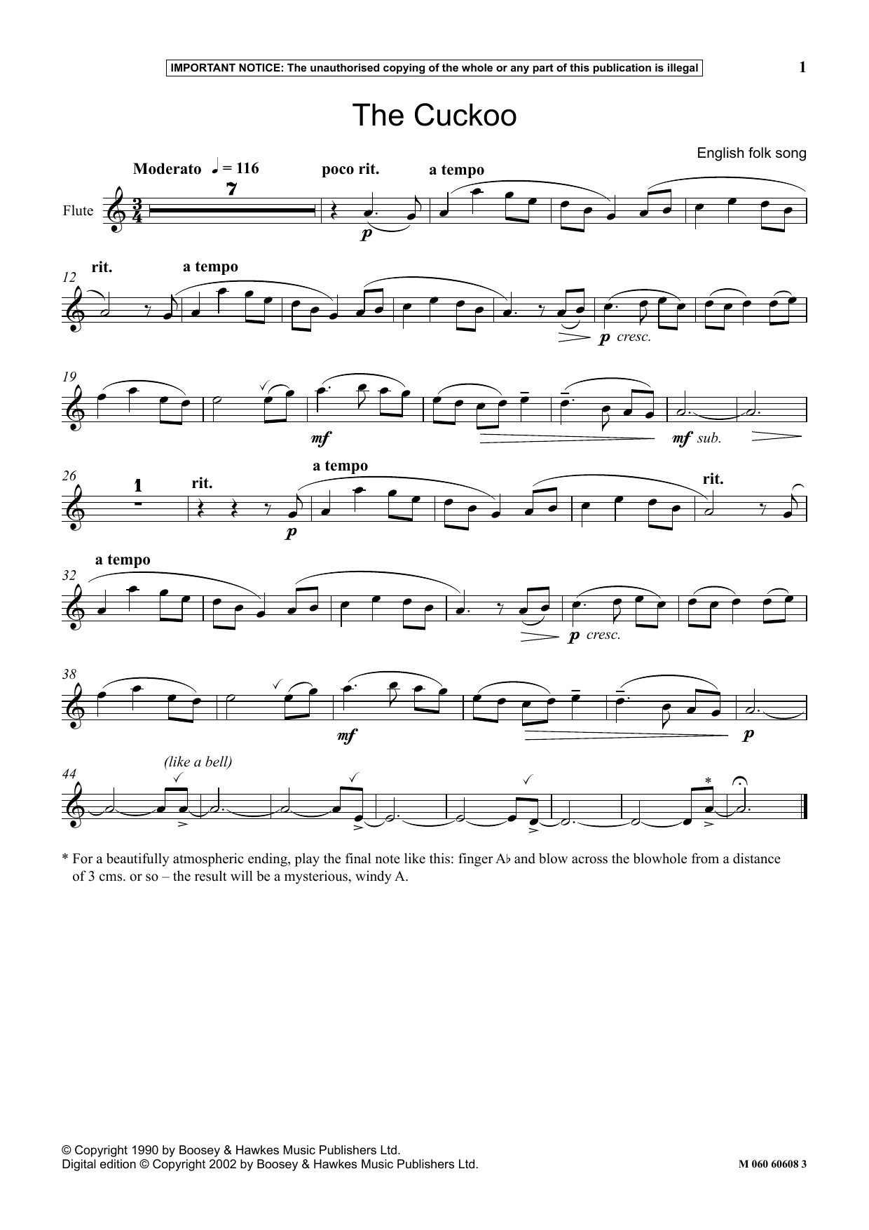 English Folk Song The Cuckoo Sheet Music Notes & Chords for Instrumental Solo - Download or Print PDF