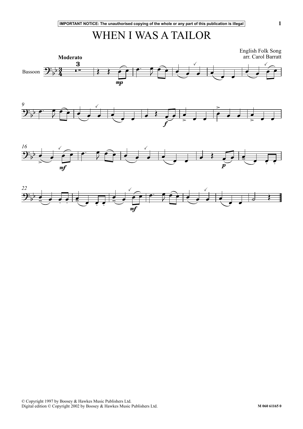 English Folk Song When I Was A Tailor Sheet Music Notes & Chords for Instrumental Solo - Download or Print PDF