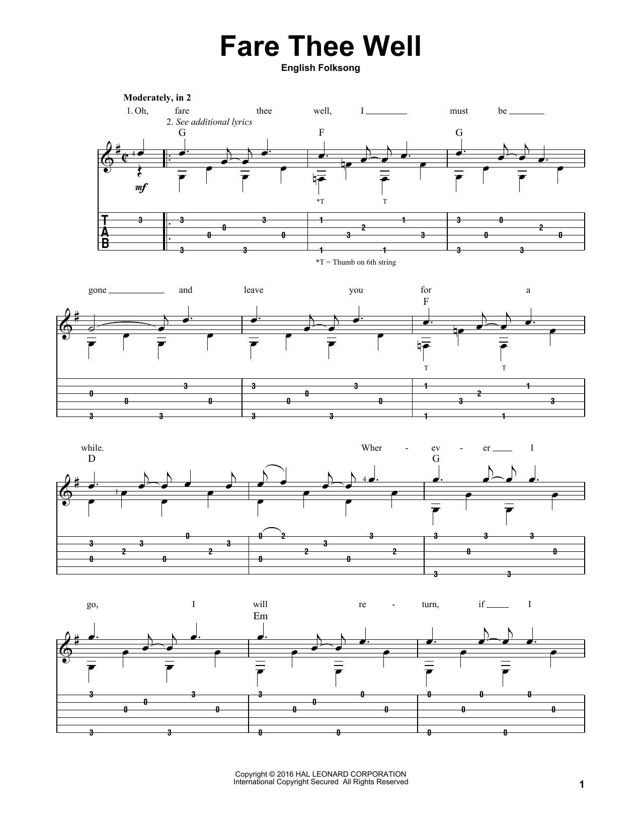 English Folksong Fare Thee Well Sheet Music Notes & Chords for Guitar Tab - Download or Print PDF