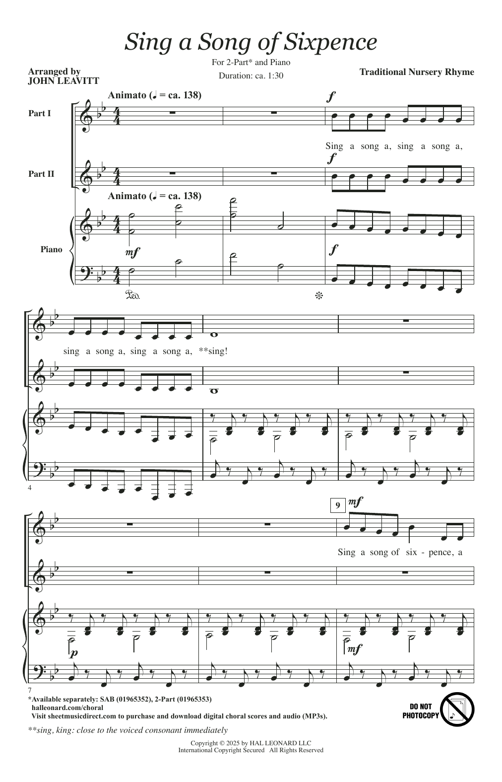 English nursery rhyme Sing A Song Of Sixpence (arr. John Leavitt) Sheet Music Notes & Chords for 2-Part Choir - Download or Print PDF