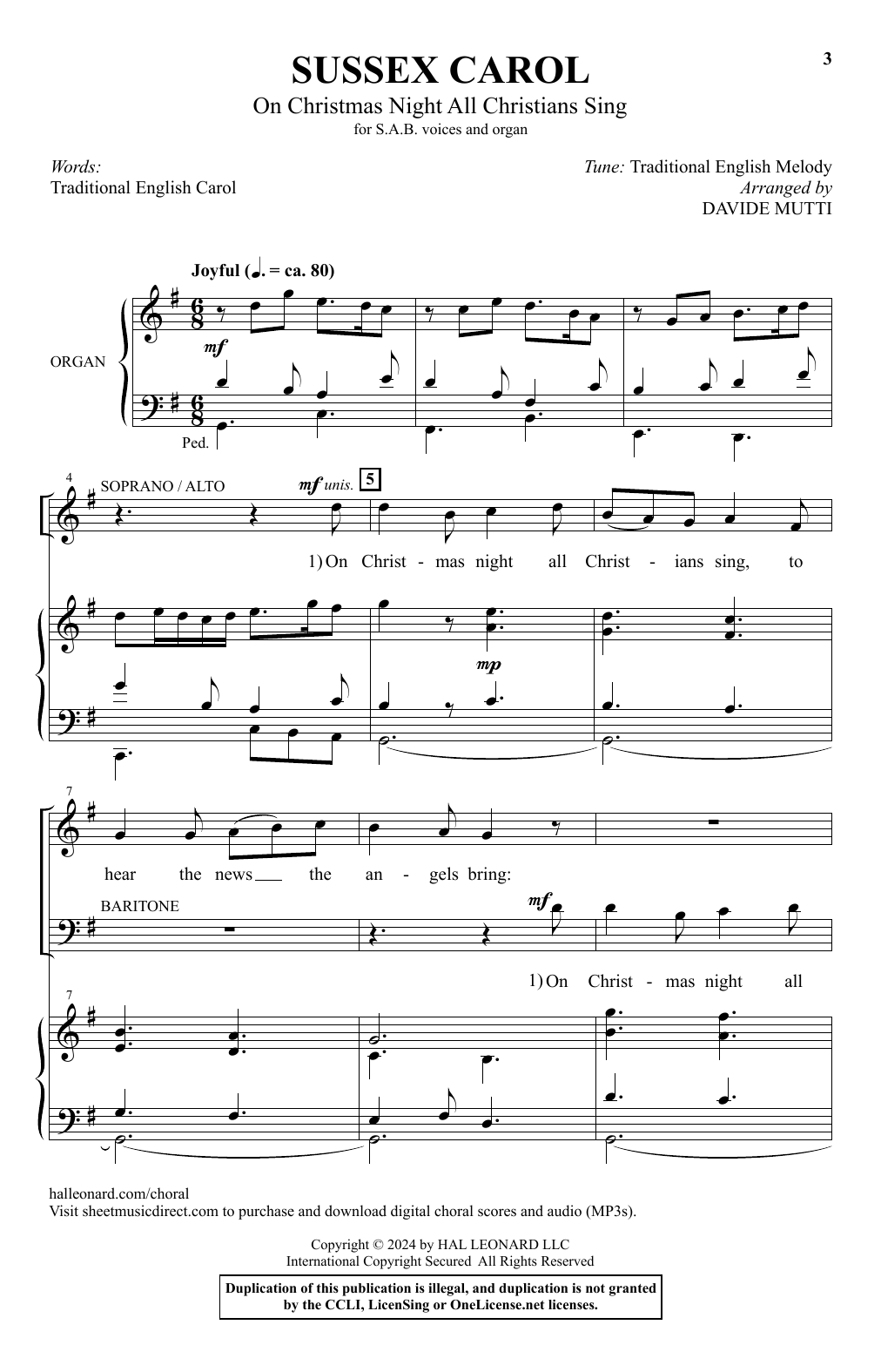 English Traditional Carol Sussex Carol (On Christmas Night All Christians Sing) (arr. Davide Mutti) Sheet Music Notes & Chords for SAB Choir - Download or Print PDF