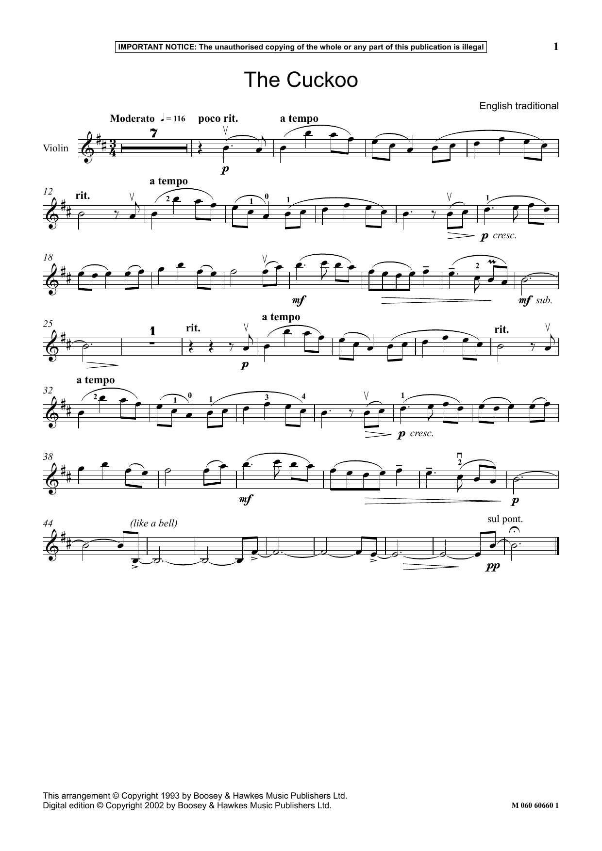 English Traditional The Cuckoo Sheet Music Notes & Chords for Instrumental Solo - Download or Print PDF
