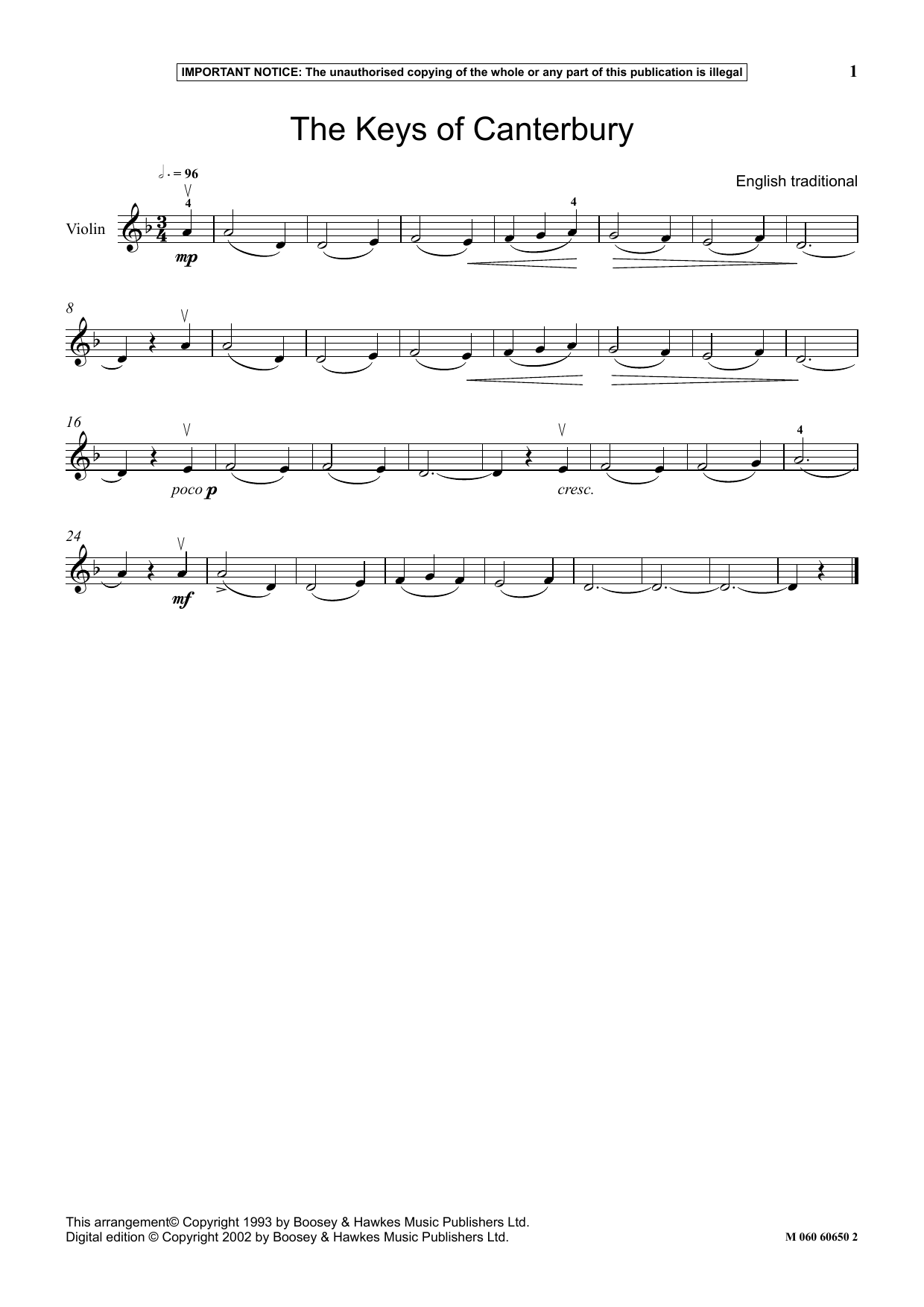 English Traditional The Keys Of Canterbury Sheet Music Notes & Chords for Instrumental Solo - Download or Print PDF