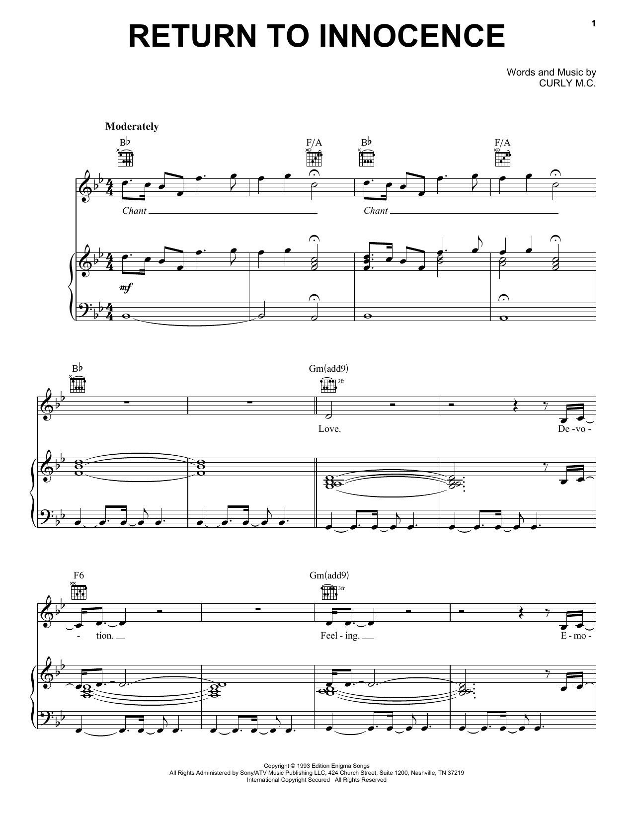 Enigma Return To Innocence Sheet Music Notes & Chords for Easy Piano - Download or Print PDF