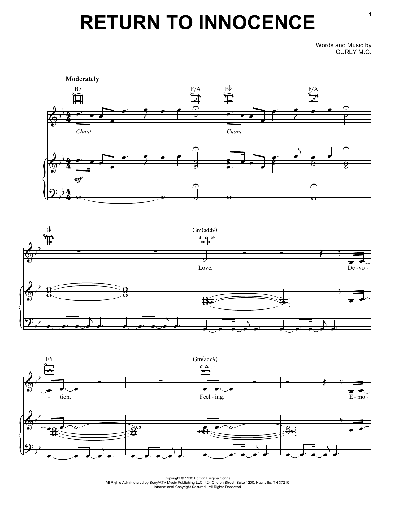 Enigma Return To Innocence Sheet Music Notes & Chords for Piano, Vocal & Guitar (Right-Hand Melody) - Download or Print PDF