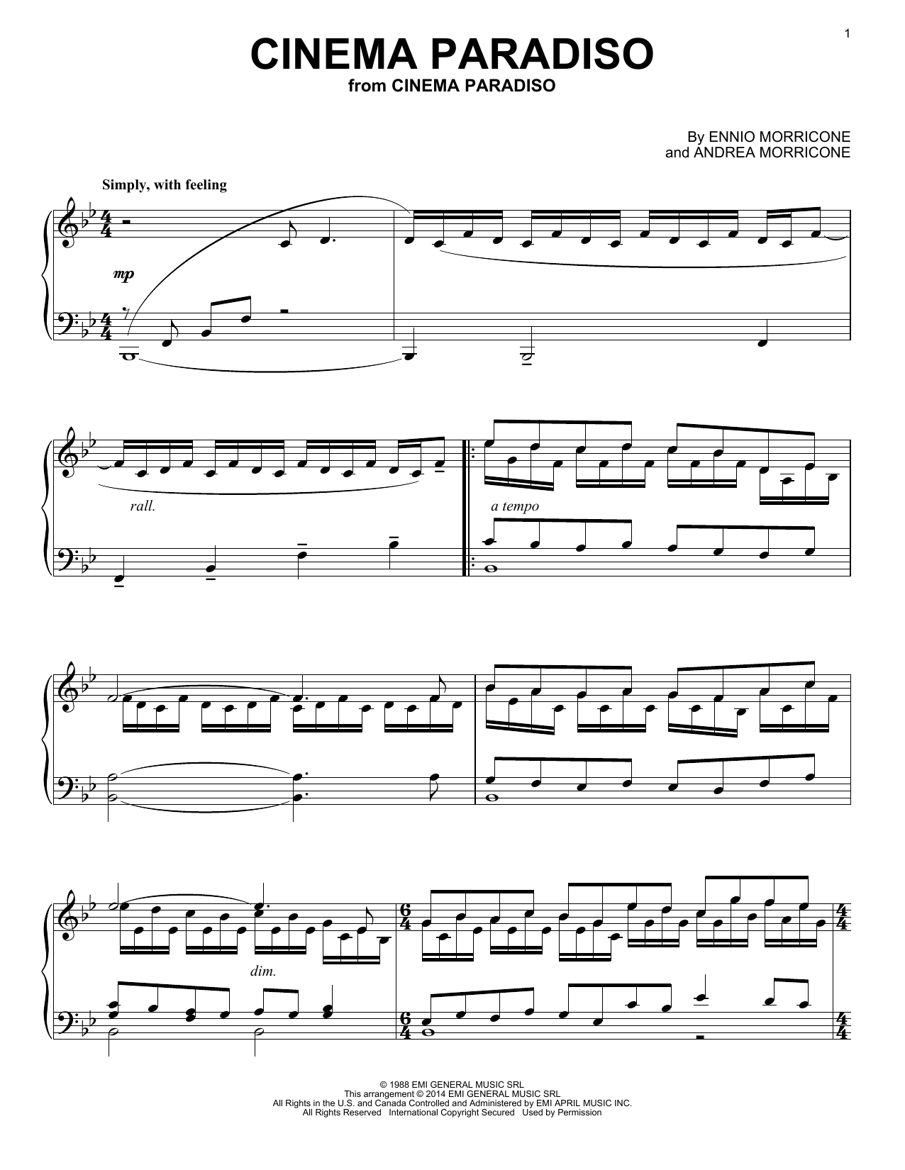 Ennio Morricone Cinema Paradiso Sheet Music Notes & Chords for Easy Piano Solo - Download or Print PDF