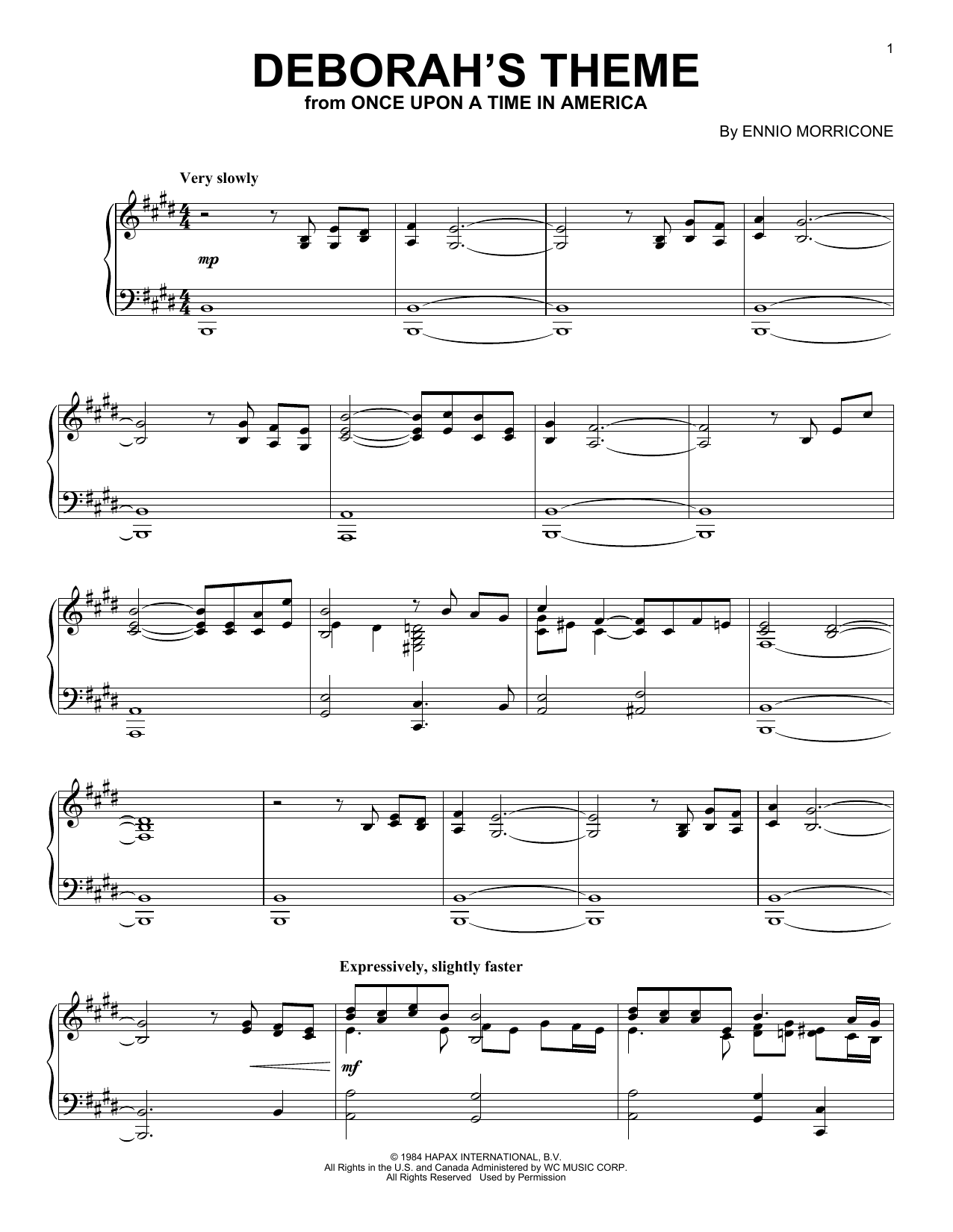 Ennio Morricone Deborah's Theme (from Once Upon A Time In America) Sheet Music Notes & Chords for Piano Solo - Download or Print PDF