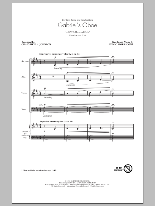 Ennio Morricone Gabriel's Oboe (from The Mission) (arr. Craig Hella Johnson) Sheet Music Notes & Chords for SATB - Download or Print PDF
